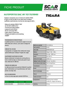 Herbes et entretien - Tondeuse autoportée essence - Tondeuse autoportée à éjection arrière TG 170/98 HBI