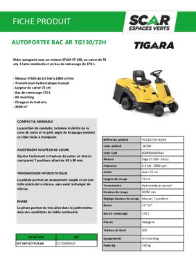 Herbes et entretien - Tondeuse autoportée essence - Tondeuse autoportée à éjection arrière TG 130/72H